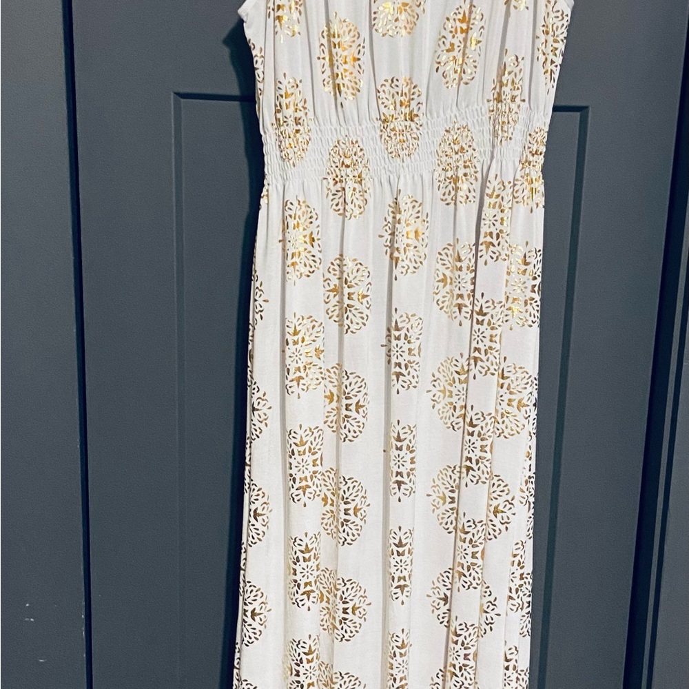 White and Gold Greece Inspired Patterned Maxi Dress